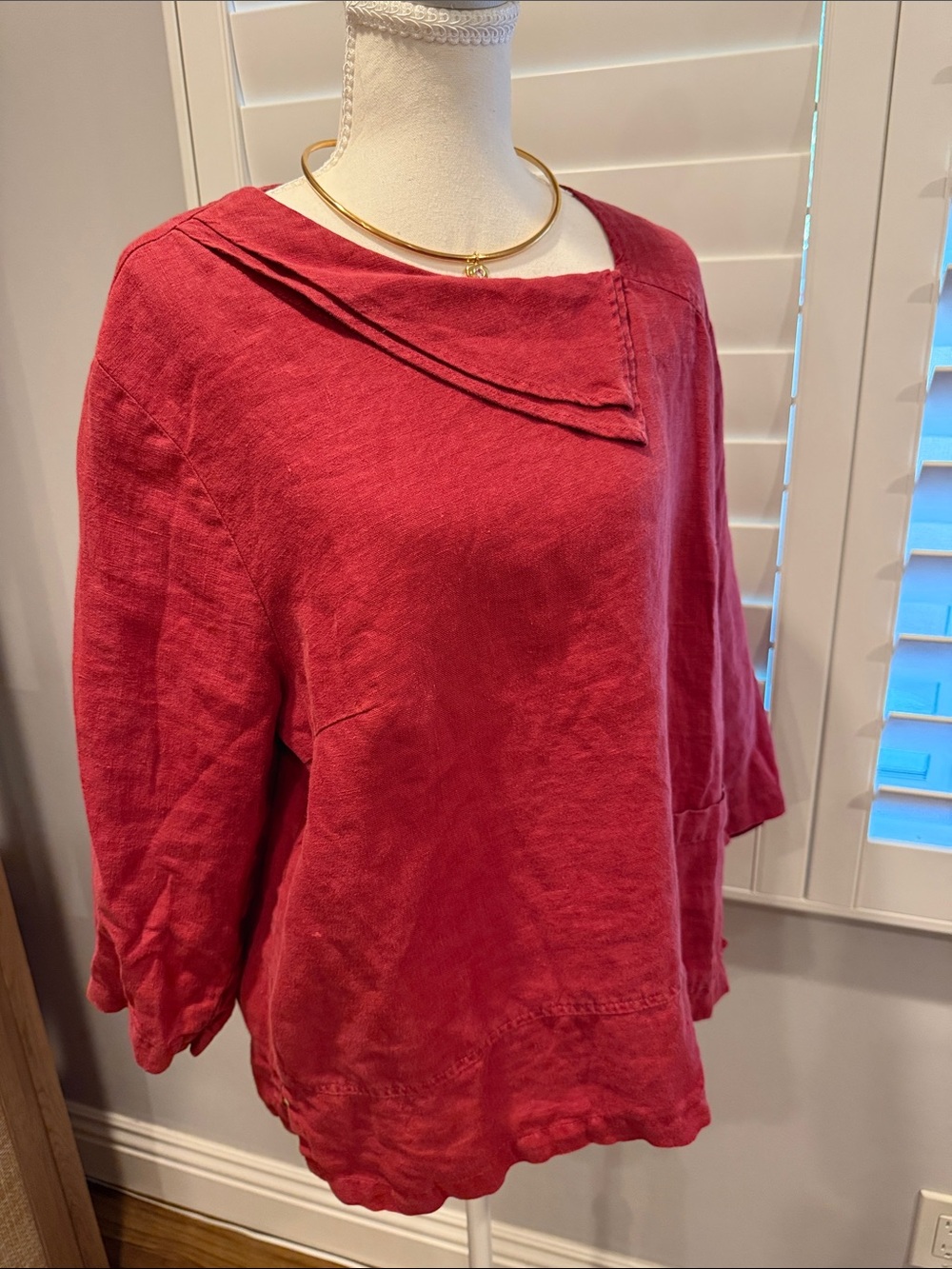 Relaxed Red Linen Asymmetrical Neck Tunic
